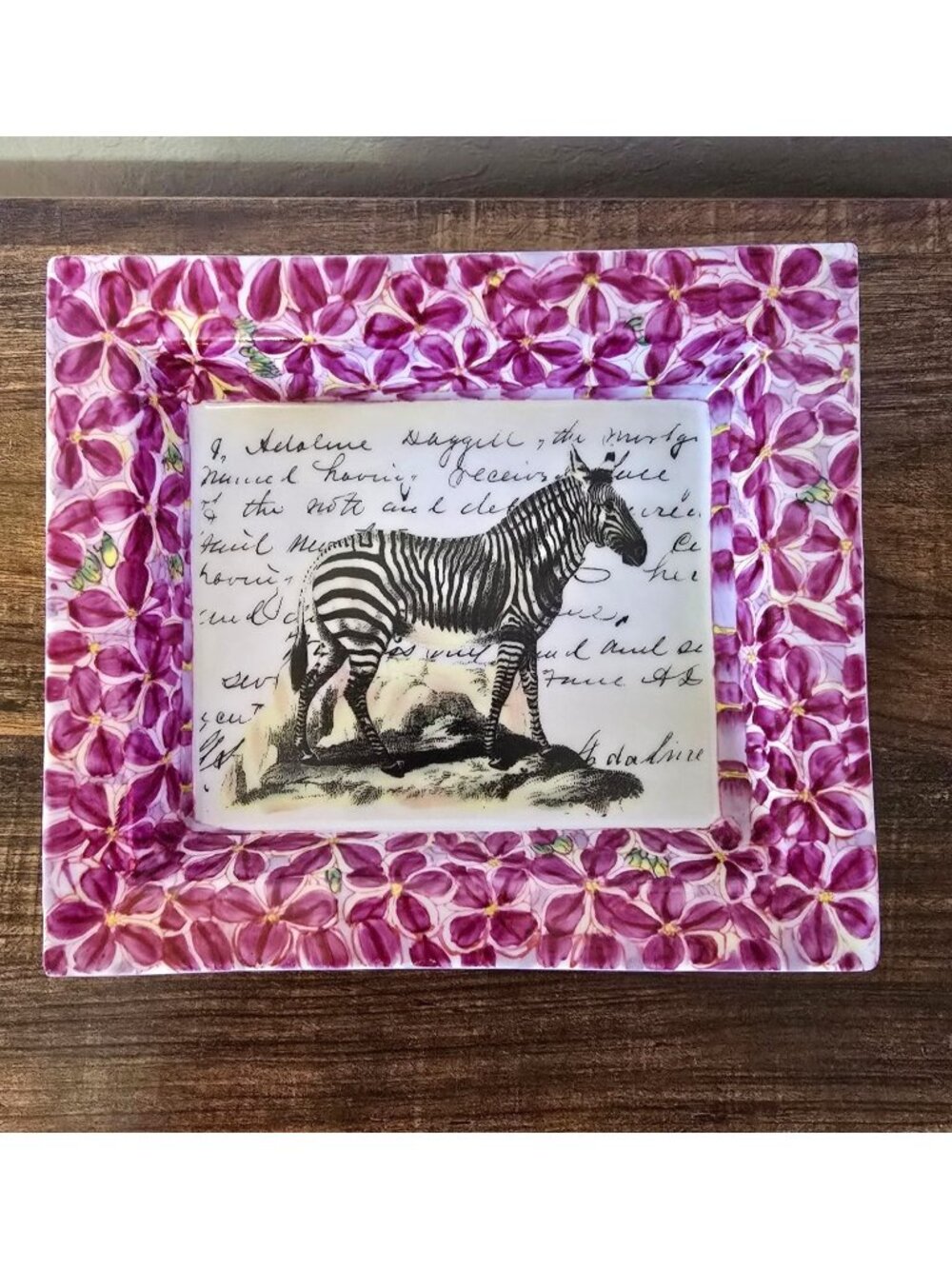 John Derian Hand-Painted Ceramic Desk Tray Catchall Zebra Script Purple Floral